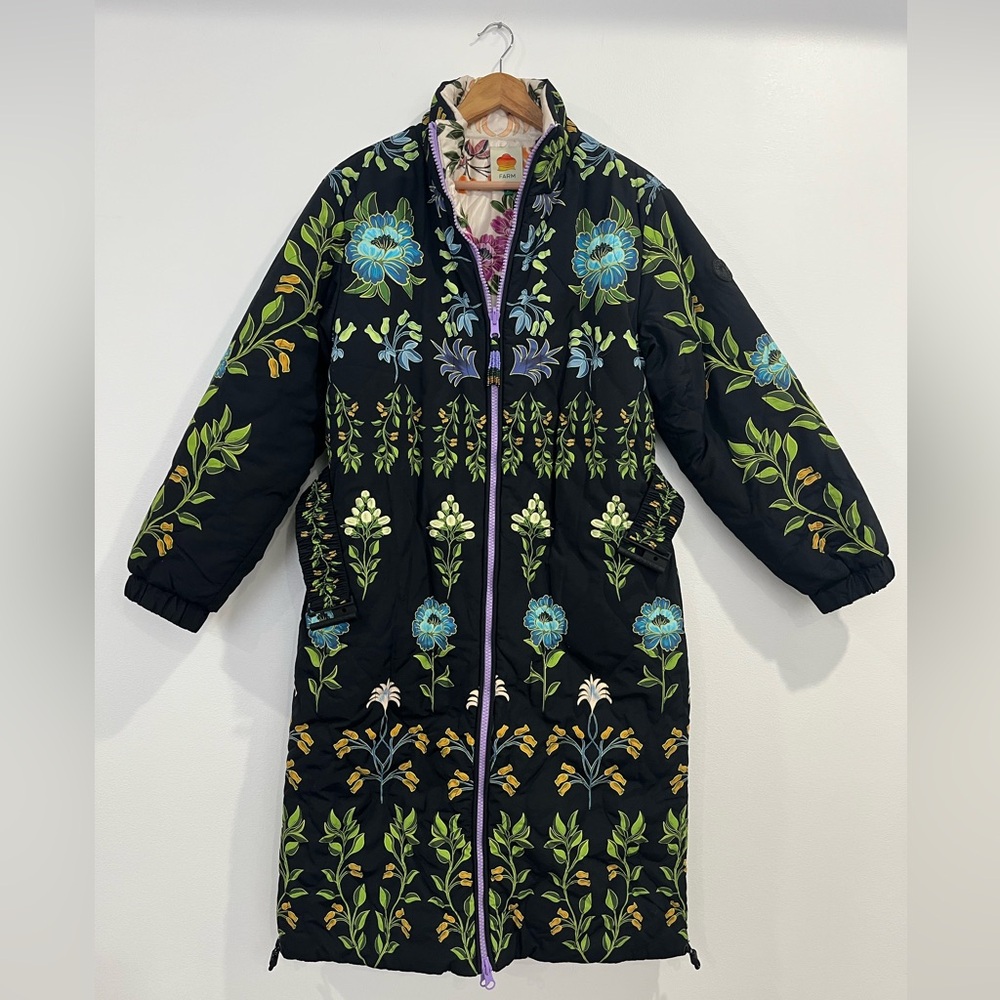 FARM Rio Black Winter Garden Reversible Long Maxi Puffer Jacket Size Medium